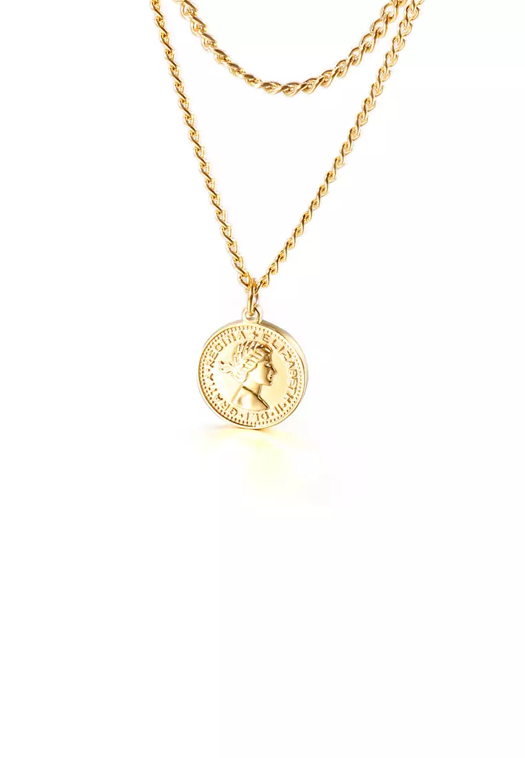 Fashion Simple Plated Gold Geometric Round Queen Coin 316L Stainless Steel  Pendant with Double Necklace