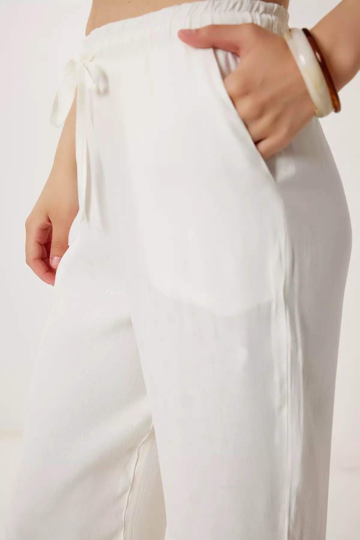 Women's Ecru Patterned Summer Viscose Trousers Wf00110