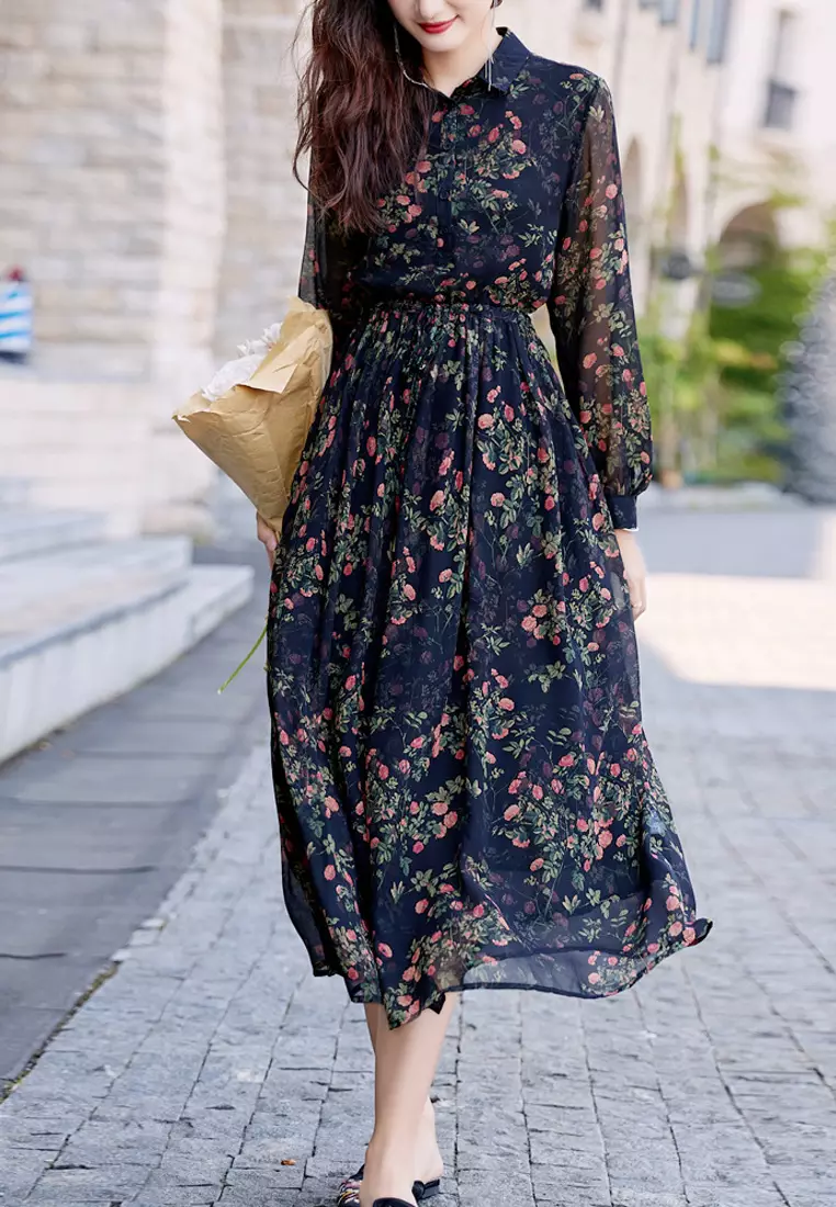 Floral chiffon dress long clearance