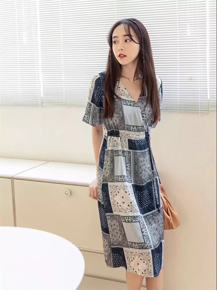 Printed waist tie long tunic dress [EA3353]