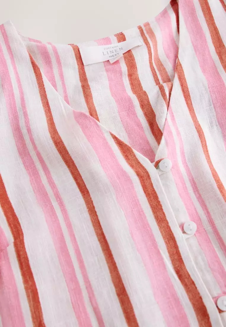 Short Sleeve Button Through Tiered Mini Dress with Linen