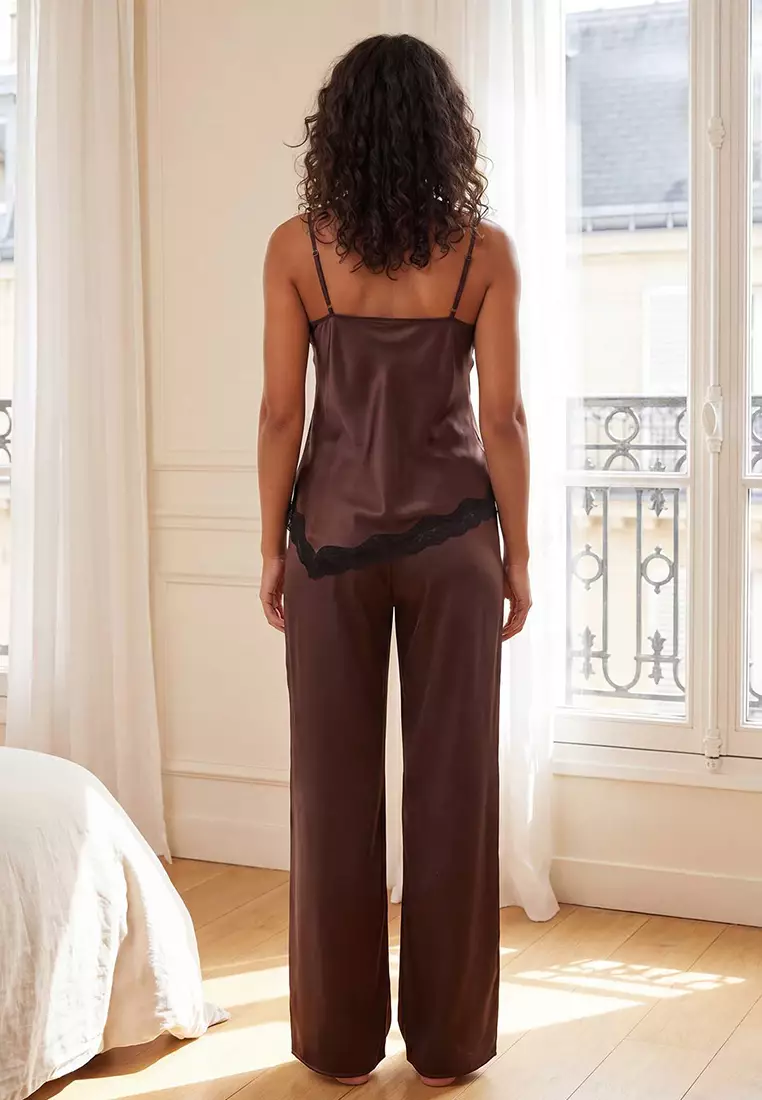 Brown Lace Detailed Satin Woven Pajama Set Thmss26Pt21