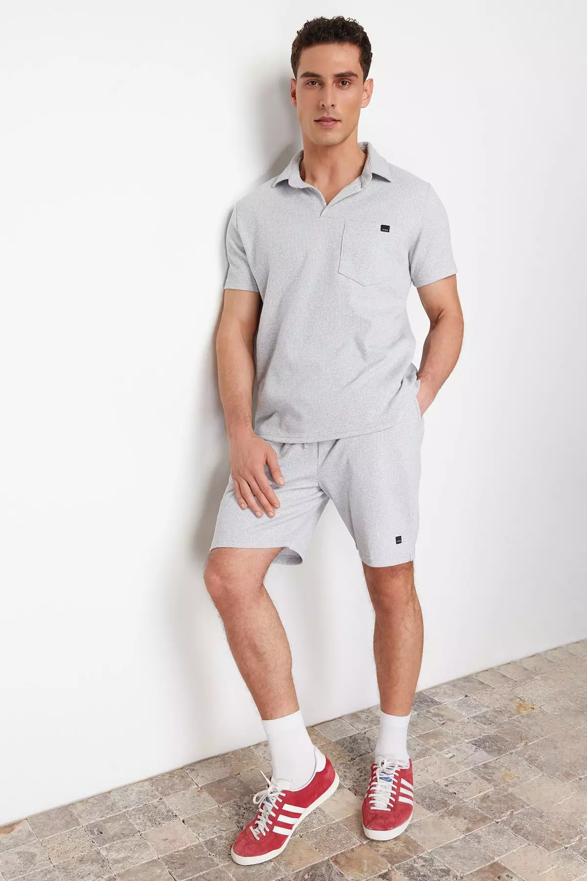 Gray Regular/Normal Cut Textured Fabric Labeled Polo Collar Tracksuit Set TMNSS23EM00003