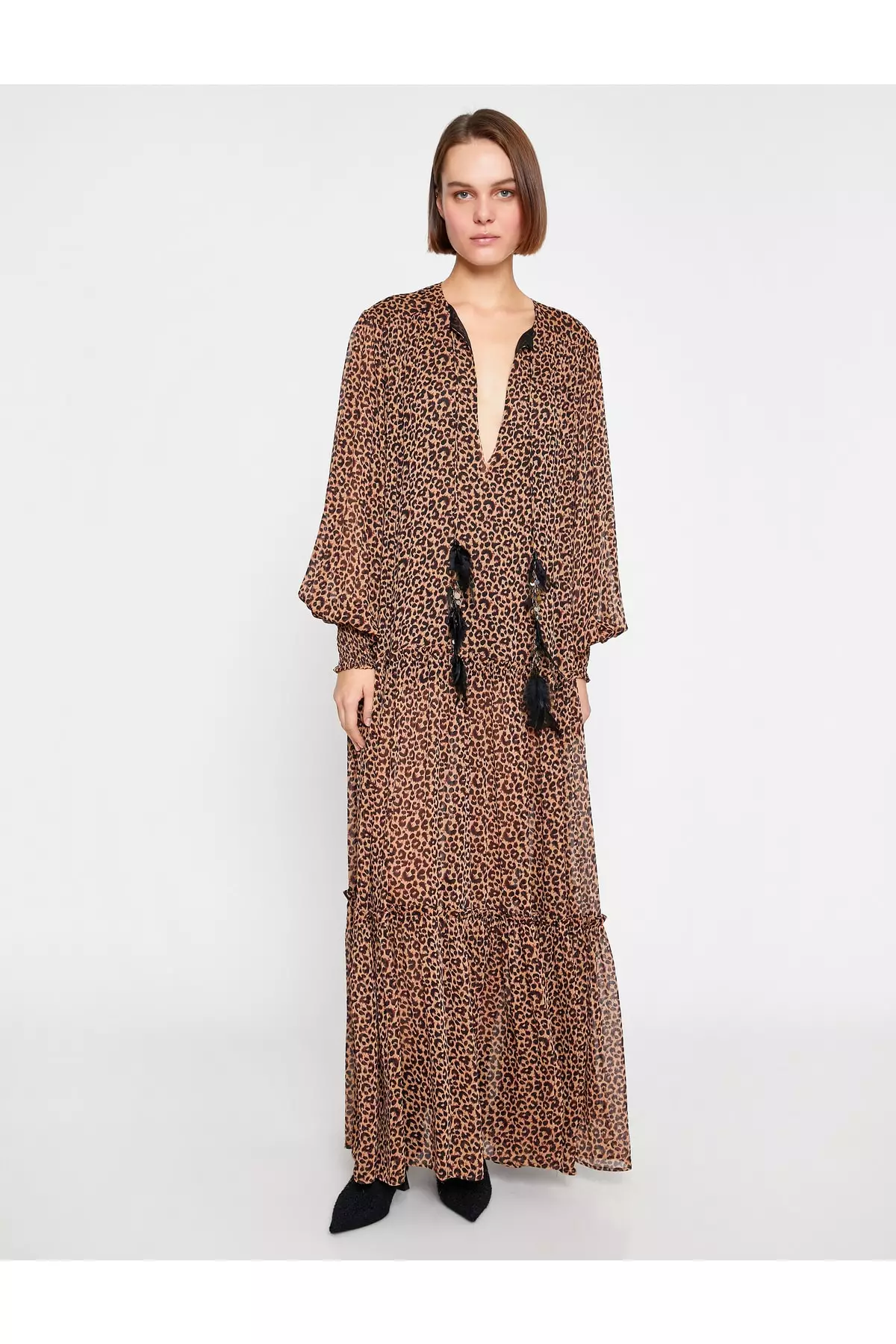 Feather Deep V-Neck Long Dress