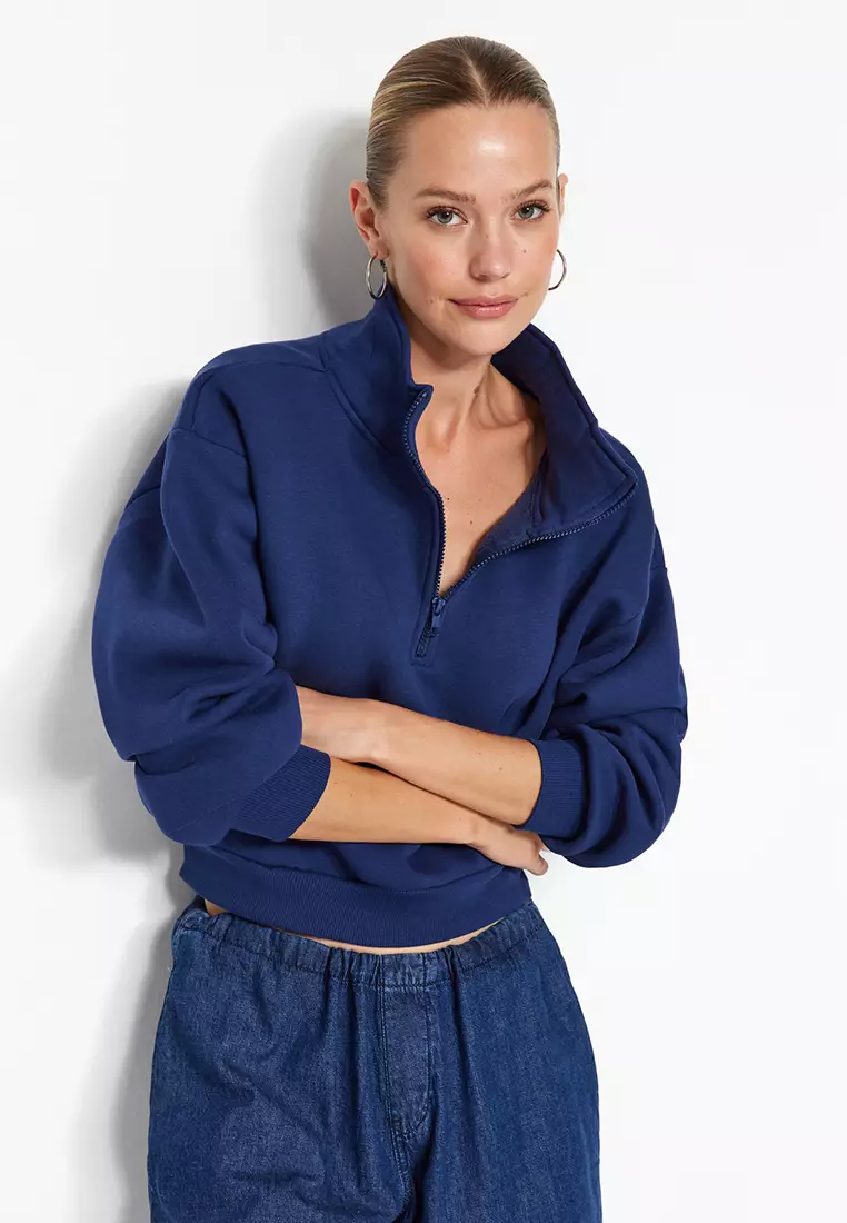 Navy Blue Relaxed Fit Crop Basic Zippered Stand Collar Thick Fleece Inside Knitted Sweatshirt