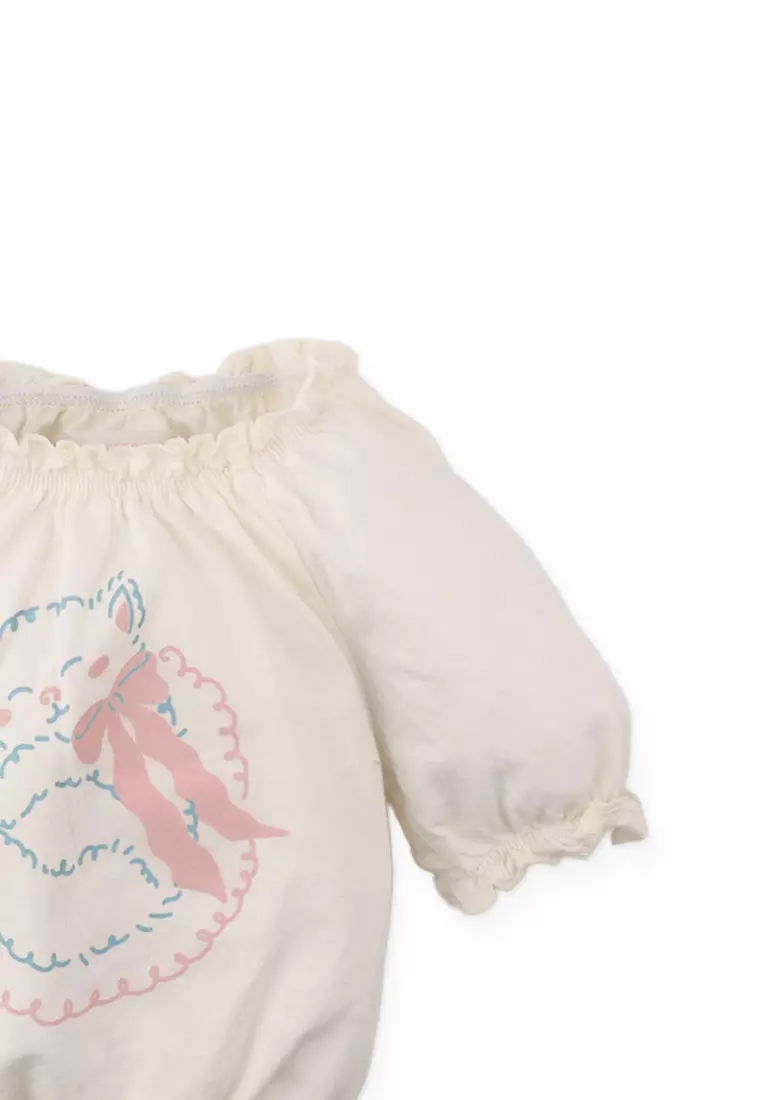 Baby Maru T-Shirt with Puff  Sleeves and Cat Graphics