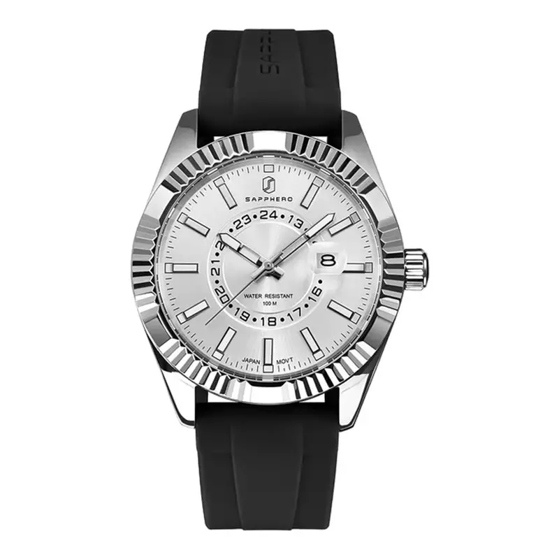 Jam Tangan Pria Sapphero SO-2101-5BLKSLVWHT Silver Dial Black Silicone Strap Quartz Watch 10 ATM Water Resistant