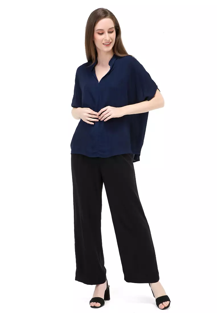 Nela Blouse Short Sleeves Wanita Motif Polos Atasan Casual - Navy