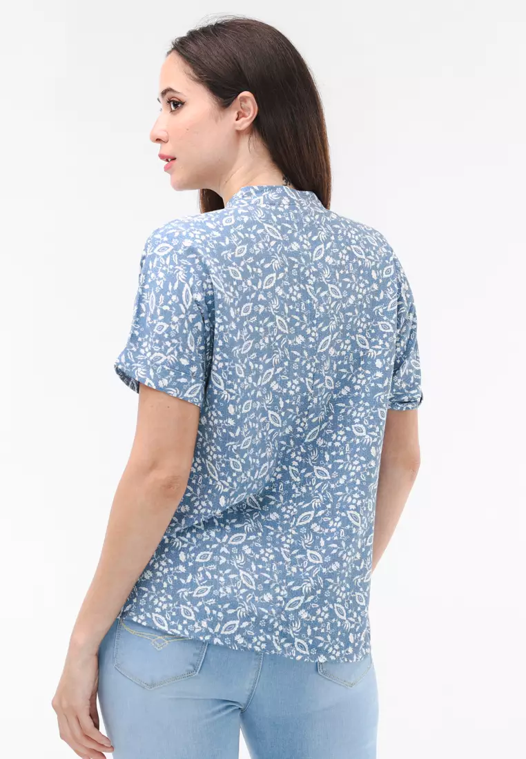 Woven Printed Soft Linen Short Sleeve Blouse