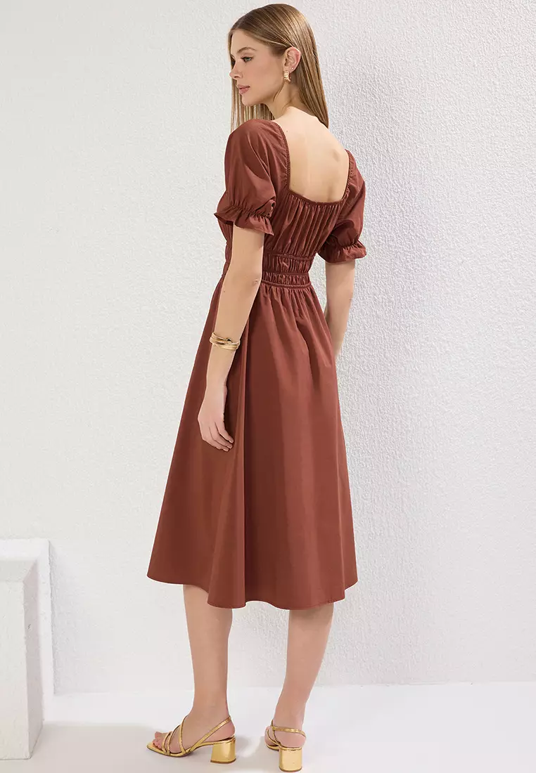 Dark Brown Plain Elastic Midi Woven Dress