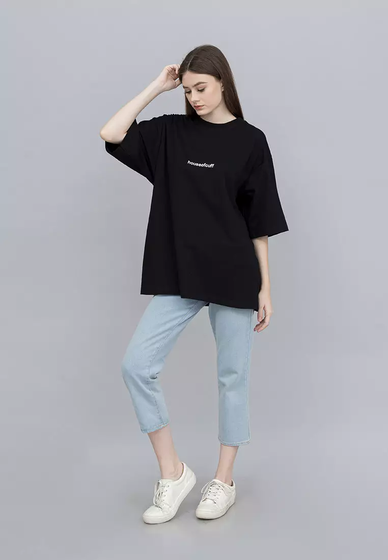 Houseofcuff Kaos Oversized T-shirt Wanita Unisex Tebal Hitam Damaged