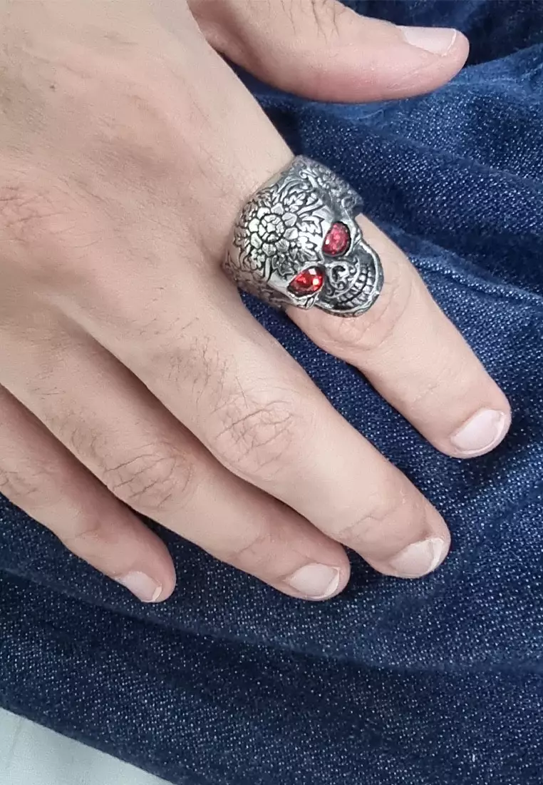 Accessories Pria Red Eyed Skull Head Premium Stainless-Steel Cincin Pria Ring Silver