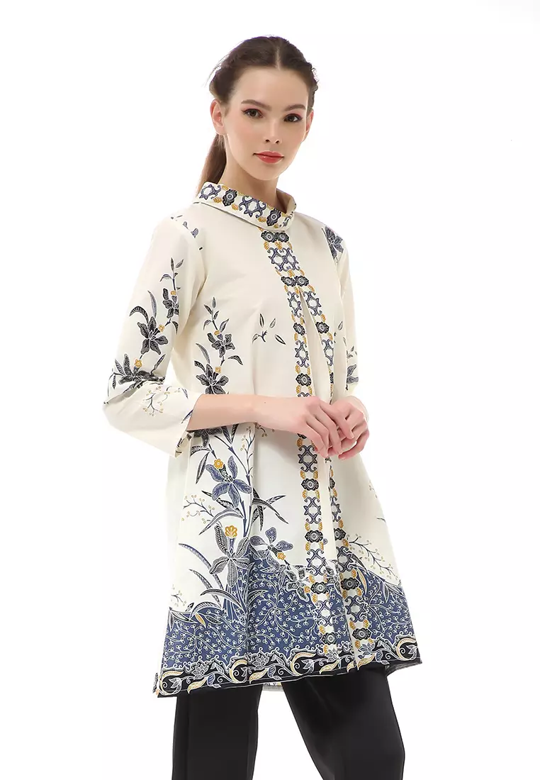 Hamlin Olaf Atasan Batik Wanita Tunik Traditional Motive Elegant Design Material Cotton ORIGINAL - White Blue