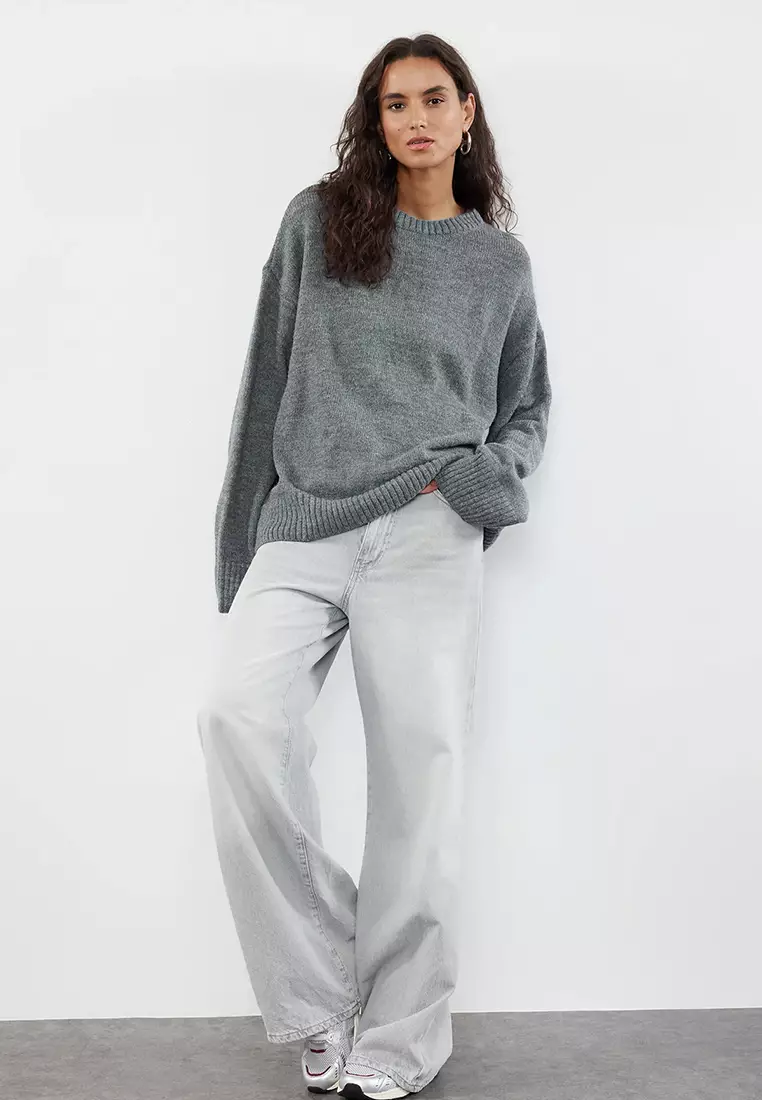 Anthracite Wide Pattern Crew Neck Knitwear Sweater TWOAW25KZ00168