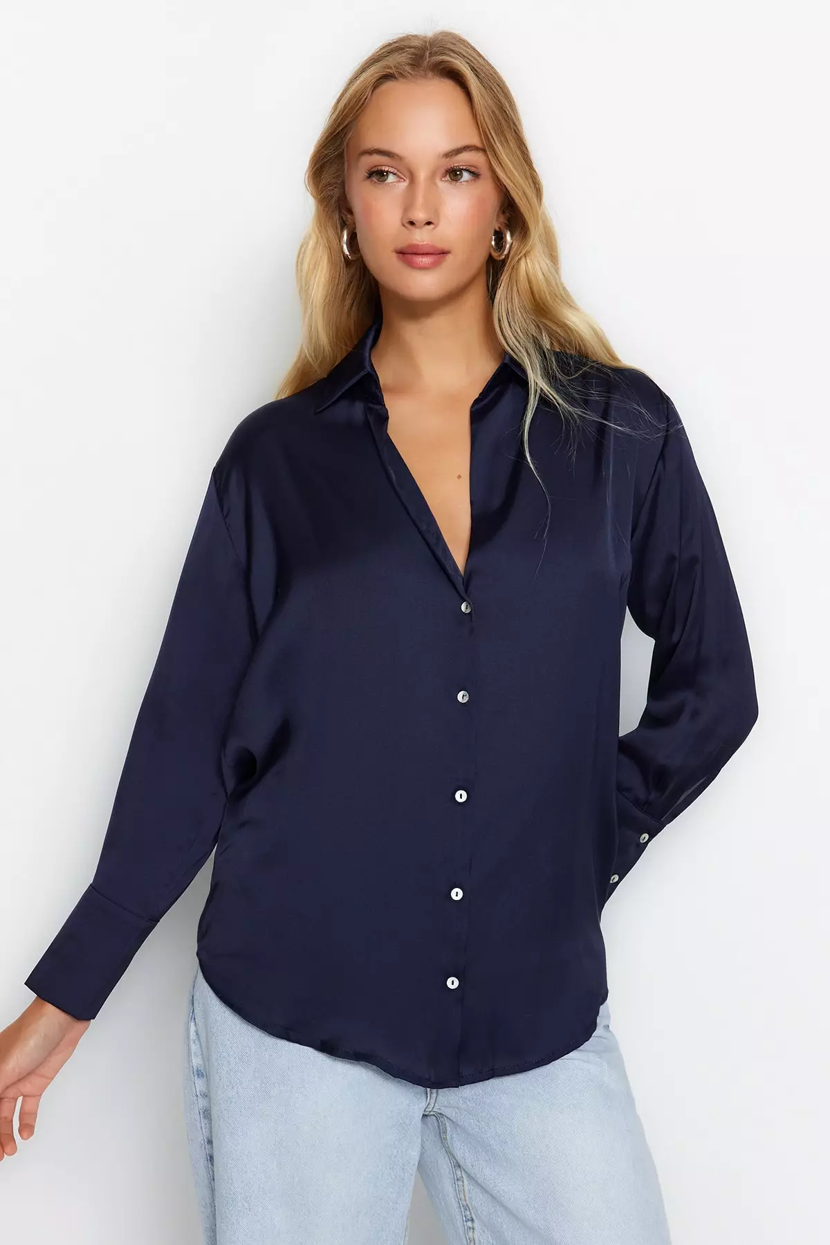 Navy Blue Oversize/Wide Fit Satin Woven Shirt Twoaw24Go211