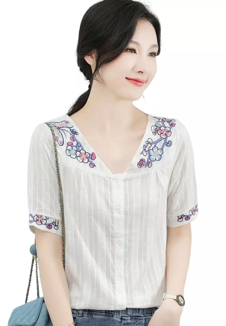 Embroidered Blouse - White - Ladies