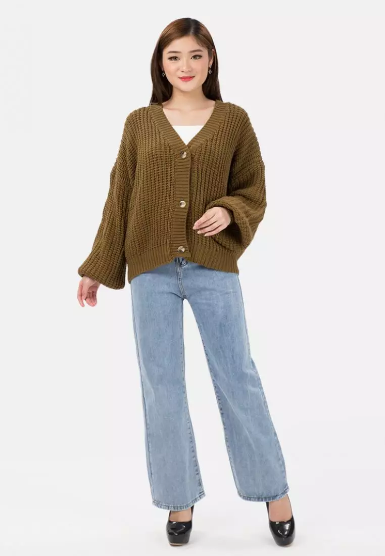 Button Puff Sleeve Knit Cardigan in Brown