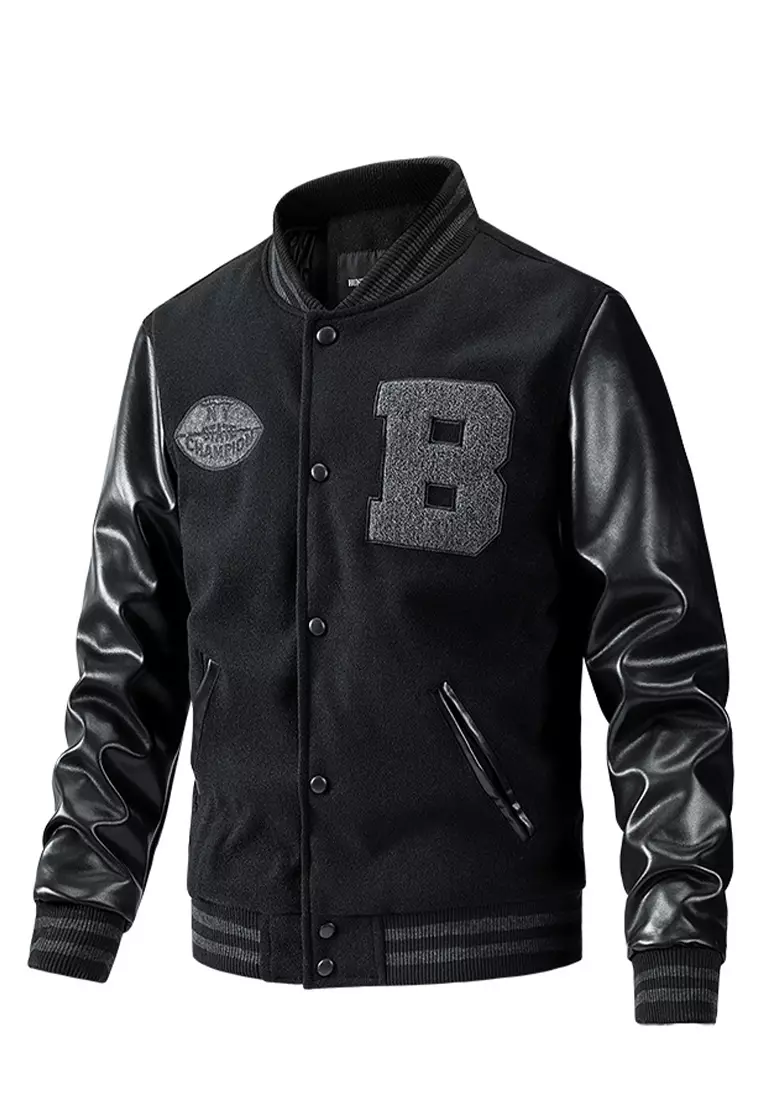 Black baseball jacket leather sleeves sale
