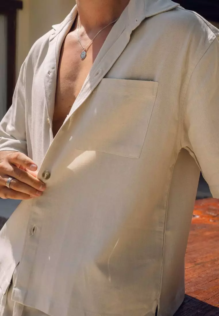 Cream Boxy Set Kemeja Celana Linen Pria Cream | Linen Set Men Cream