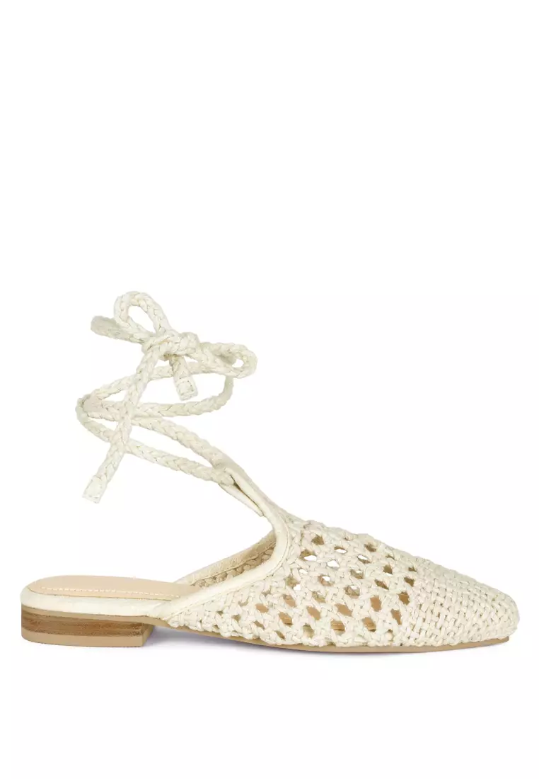 Discount on Rag & Co.  shoes - SKU: Off White Handwoven Cotton Tie Up Mule Flats