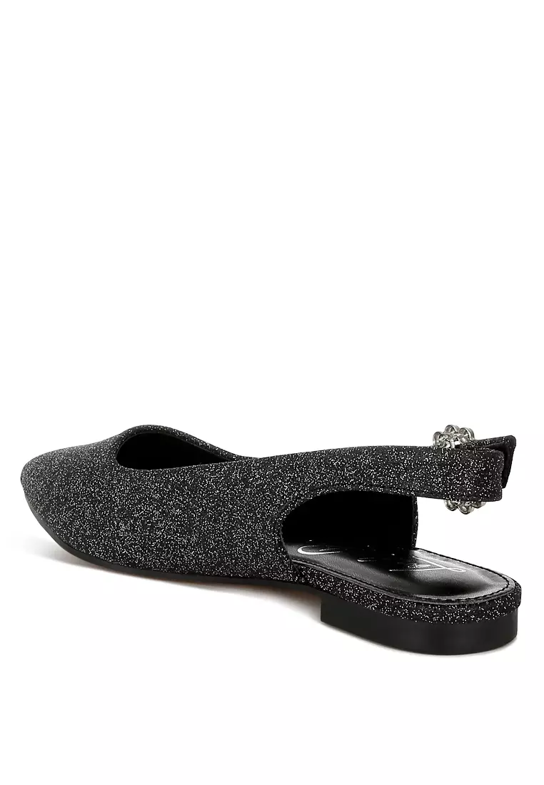 Glitter Slingback Flat Sandals in Black