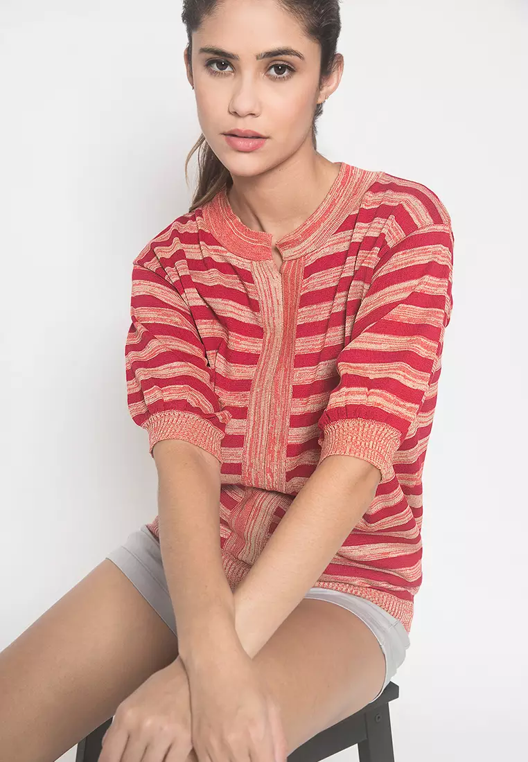 LGS - Sweater Wanita - Motif Salur - Merah - Slim Fit - LST.360.U678.077.C