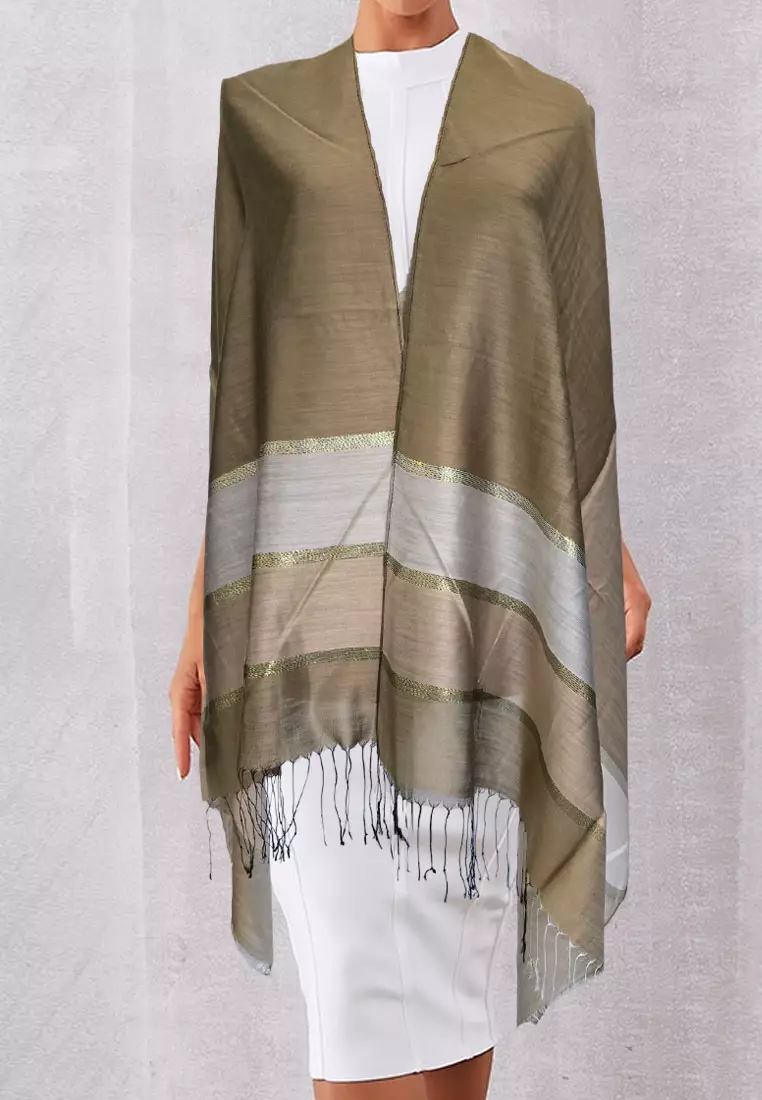 Aksesoris Scarf Wanita Raw Silk Stripes Border Shawl Syal Sutra Wanita Dusty Gold