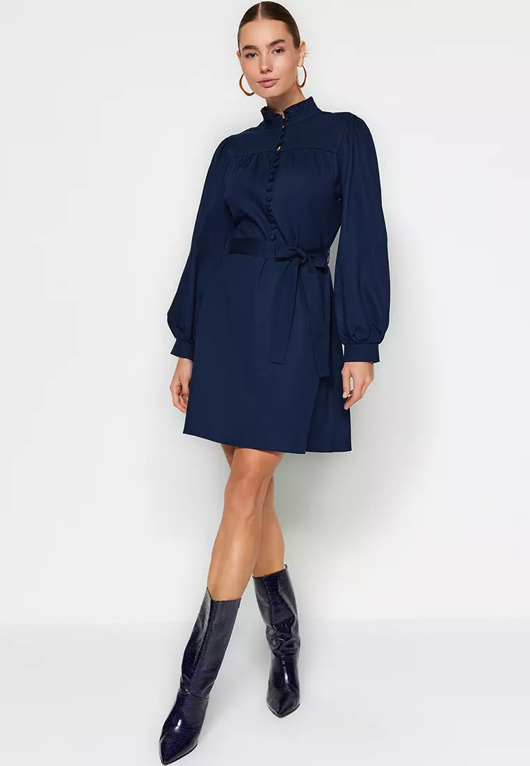 High Collar Woven Dress
