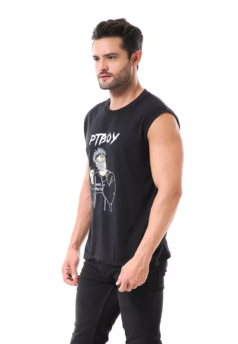 Bobby Atasan Kasual Pria Singlet Motif Ptboy Sleeveless Tshirt Material Cotton ORIGINAL - Black