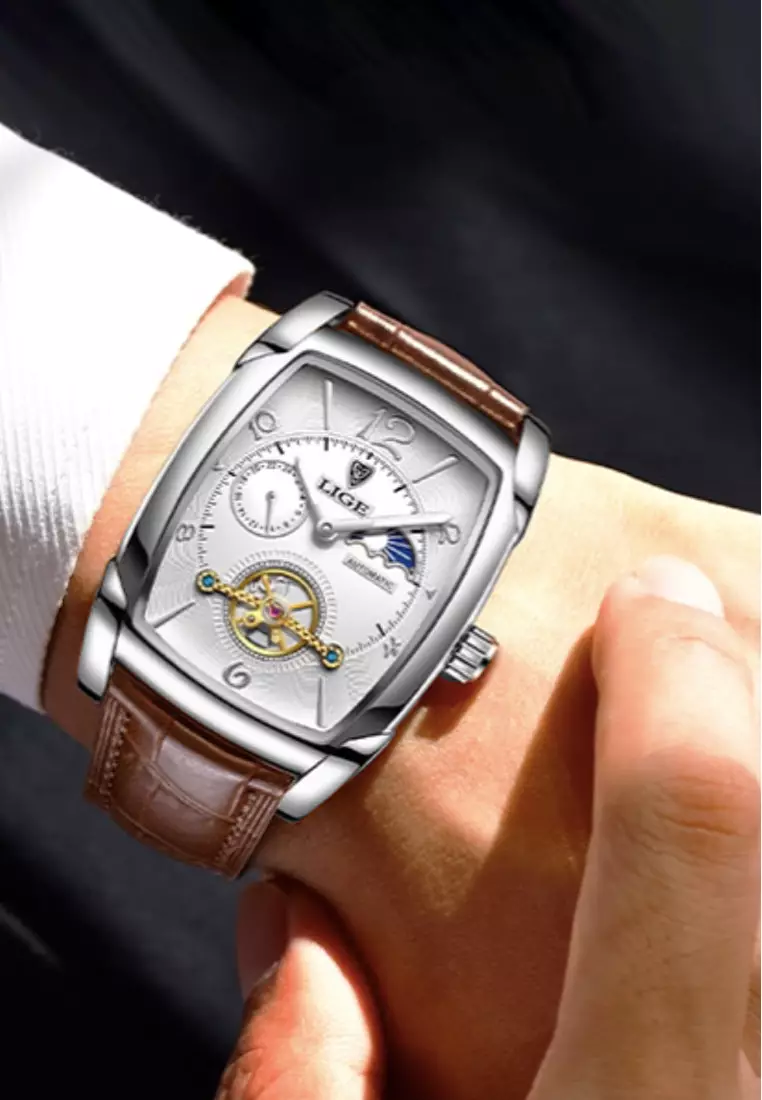 Unisex AUTOMATIC Stainless Steel Barrel-shape Watch 46x38mm, Brown Leather Strap