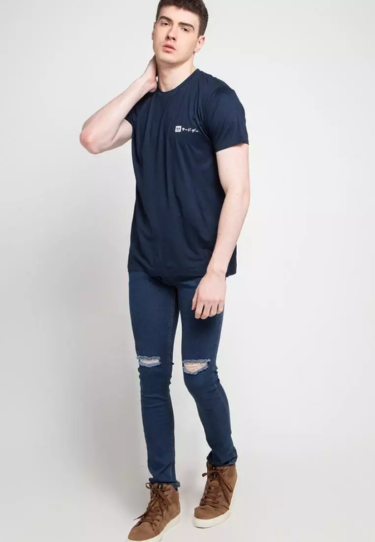 MTD56D Kaos Pria Unisex logo katakana T-shirt Navy