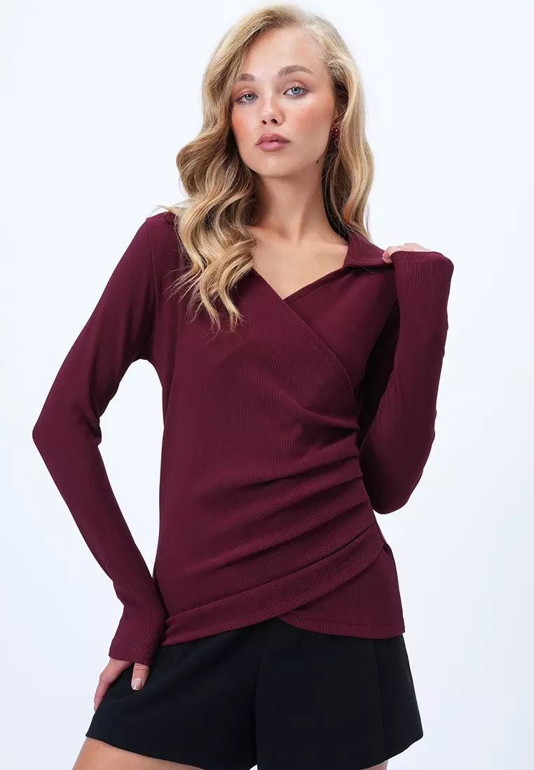 Shirt Collar Double Breasted Cut Drape Detailed Blouse