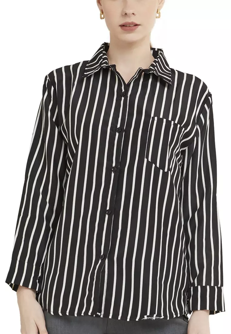 Kemeja Salur Dual Tone Color Baju Atasan Wanita Lengan Panjang Regular Fit - Black