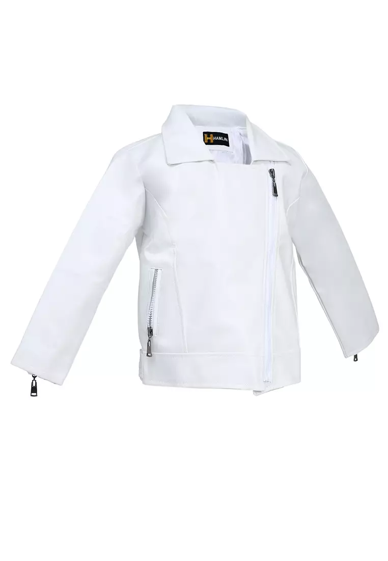 Fisca Jaket Kulit Anak Perempuan Zipper Design Motif Polos Material Leather ORIGINAL - White