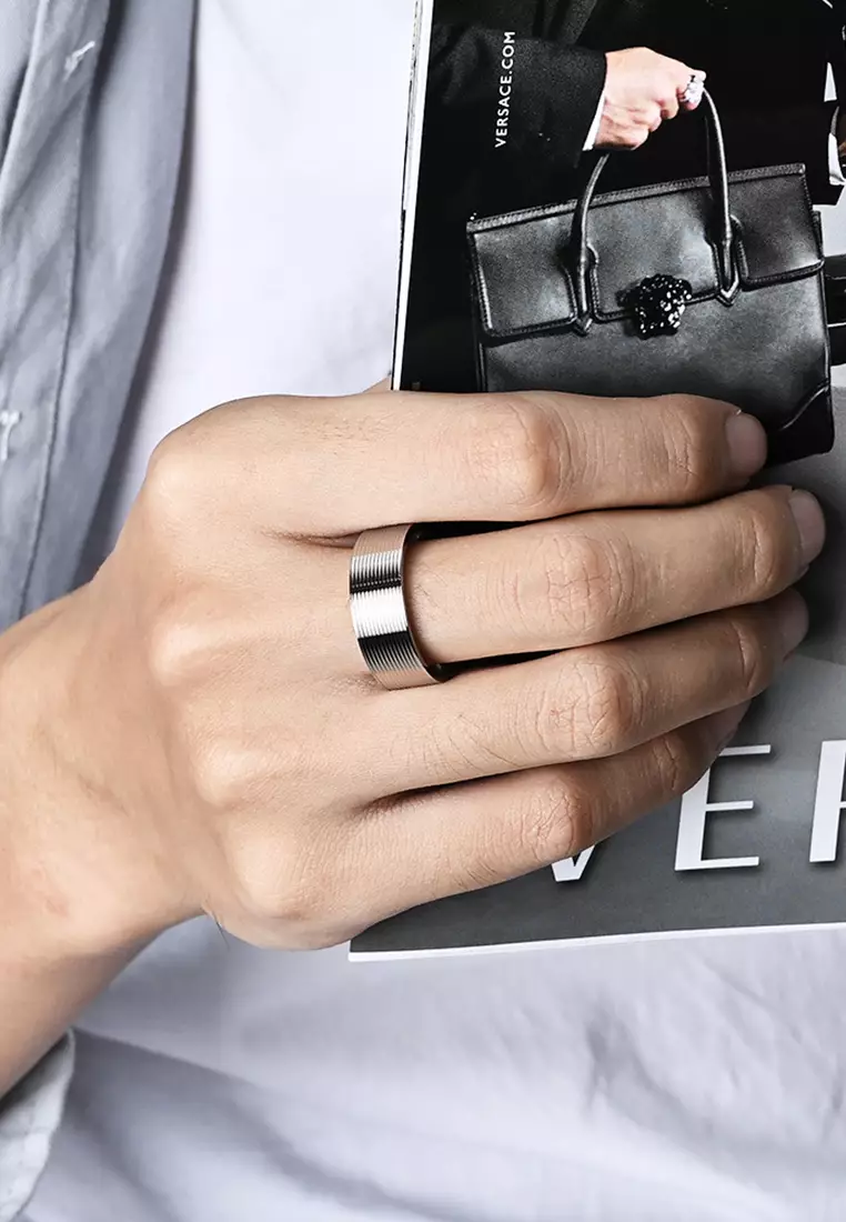Buy HAPPY FRIDAYS Titanium Steel Embossed Line Pattern Ring