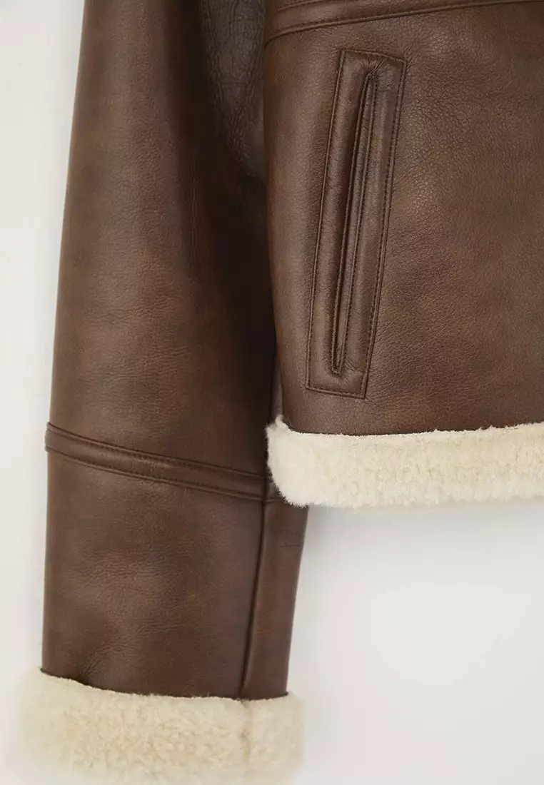 Oversized Plush Collar Faux Leather Jacket