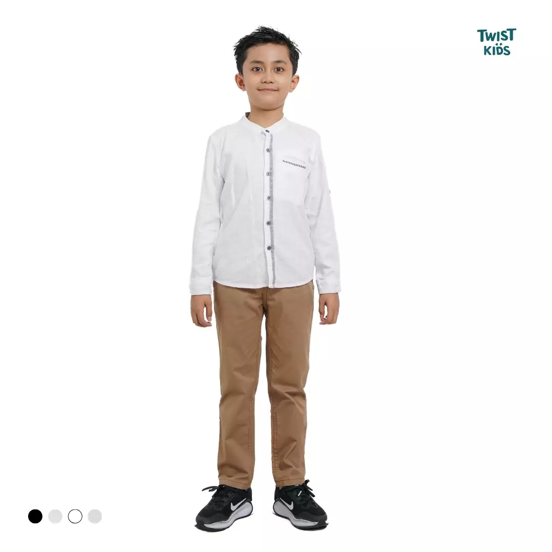 Twist Kids [Official Store] - Zaki C, Baju Lebaran Anak Laki-Laki 2025, Baju Muslim/Koko/Kaftan Polos Lengan Panjang Anak Laki-Laki (usia 4-14 tahun) Warna Putih (White)