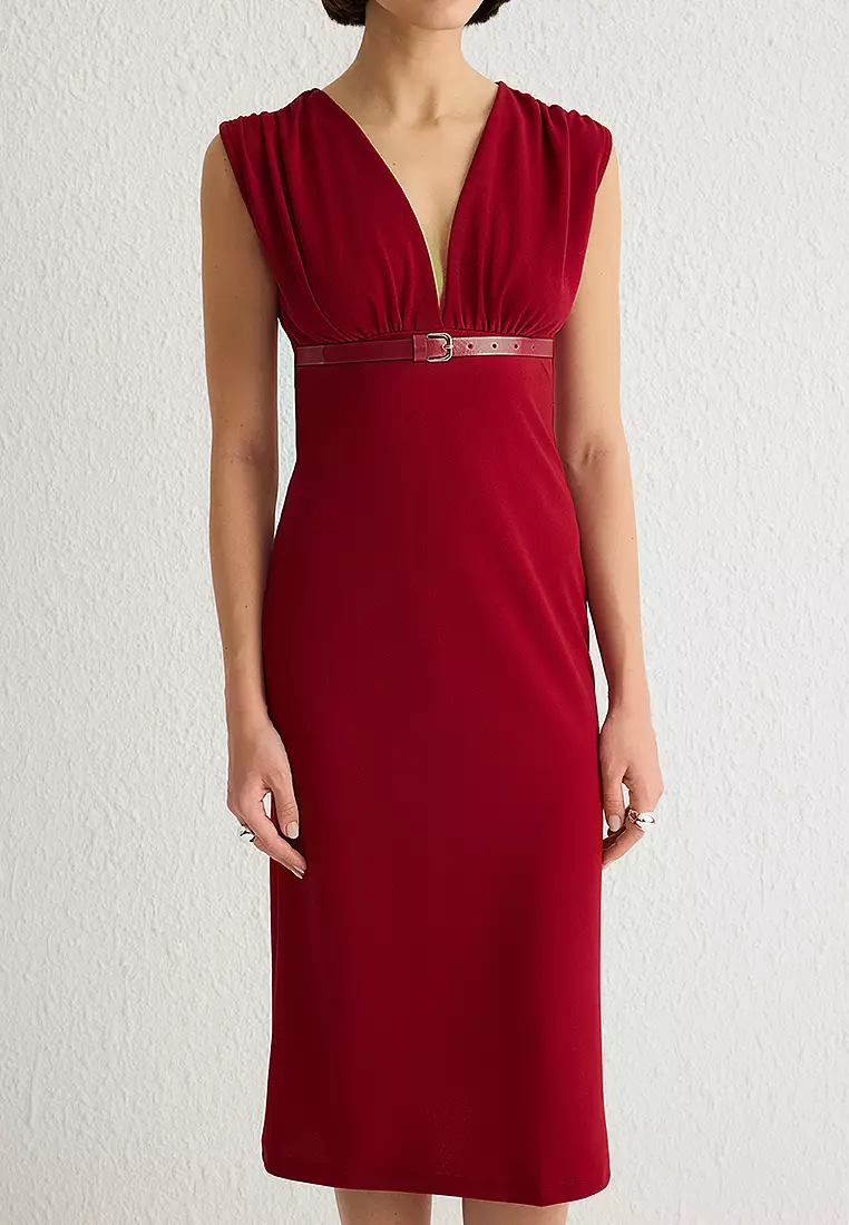 V領束腰連身中長針織連身裙