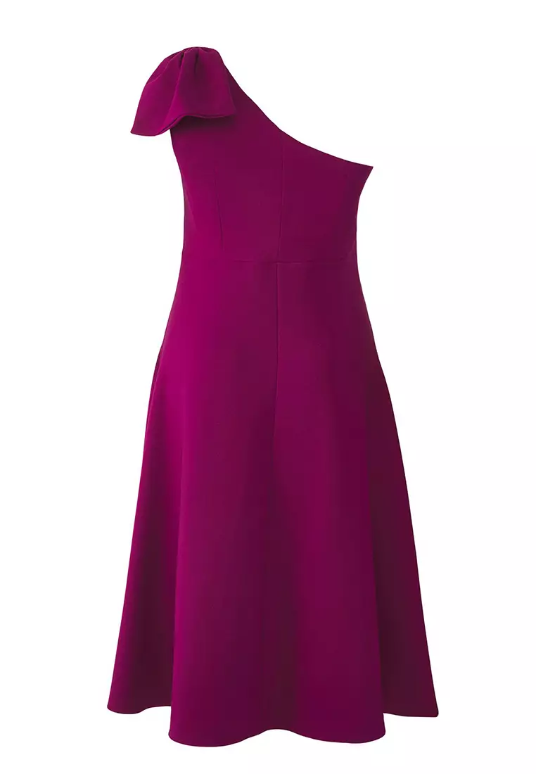 Plum One Shoulder Midi Woven Plus Size Dress With Ribbon