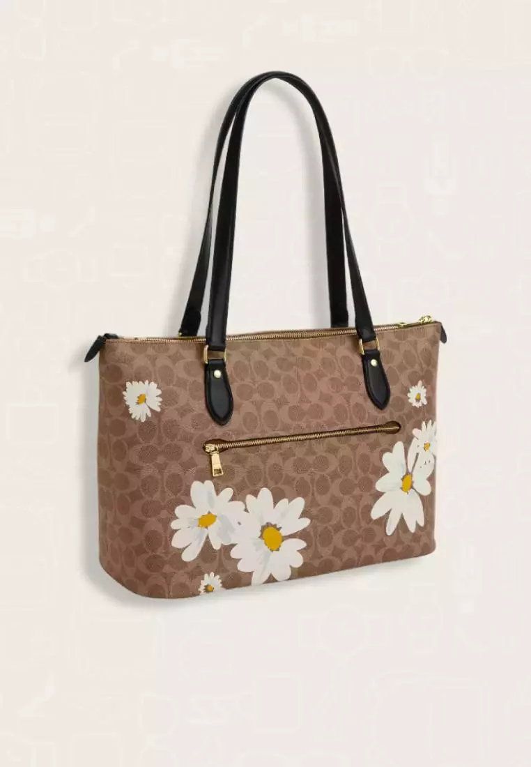Coach Gallery Tote Bag In Signature Canvas With Floral Print Tan Multi