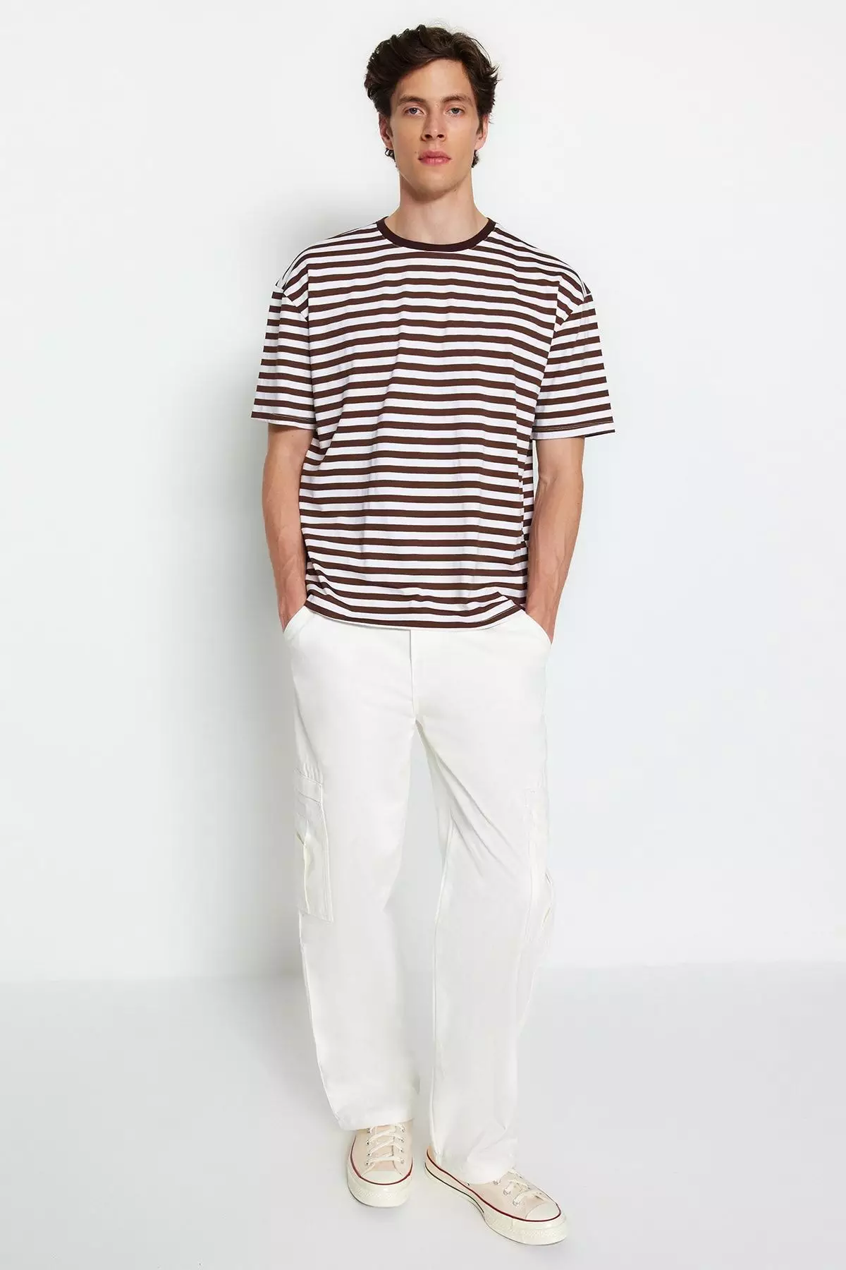 Light Brown Oversize/Wide Cut Striped Crew Neck Short Sleeve T-Shirt TMNSS20TS0511