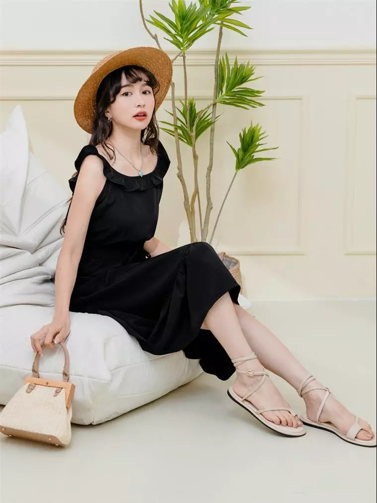 Frill Neck Tie Waist Long Dress [DA9764]