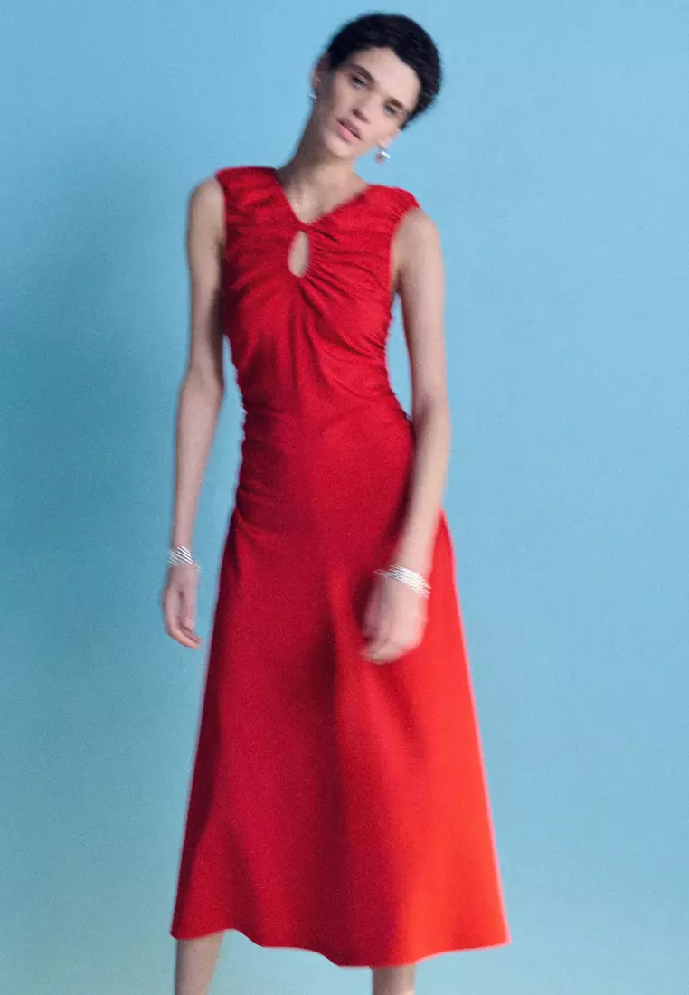Ruched Keyhole-Neck Midi Dress