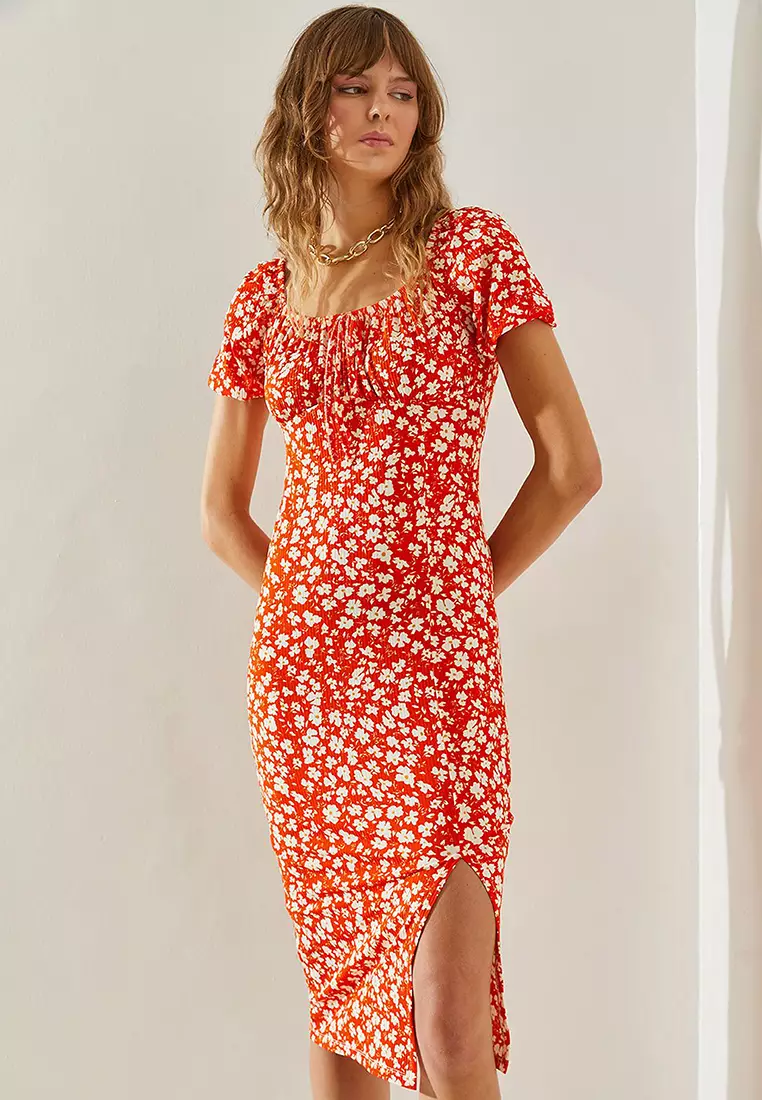 Women's Tie-Front Watermelon Sleeve Daisy Patterned Slit Detailed Dress 60251371