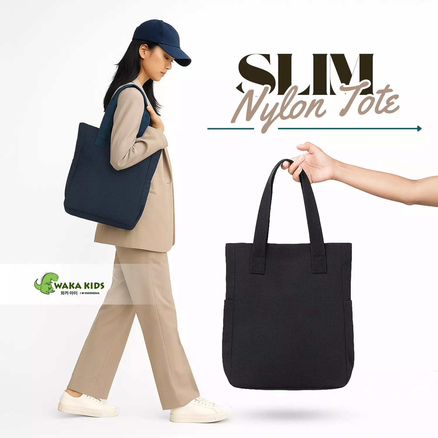 Wakakids Tas Bahu Totebag Polos Premium Nylon Tas Jinjing Wanita dan Pria Model Slim K329 Venjr Navy