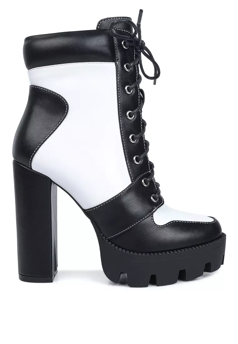 Discount on London Rag  shoes - SKU: Cow Printed Lace-Up Block Heel Boots In Black & White