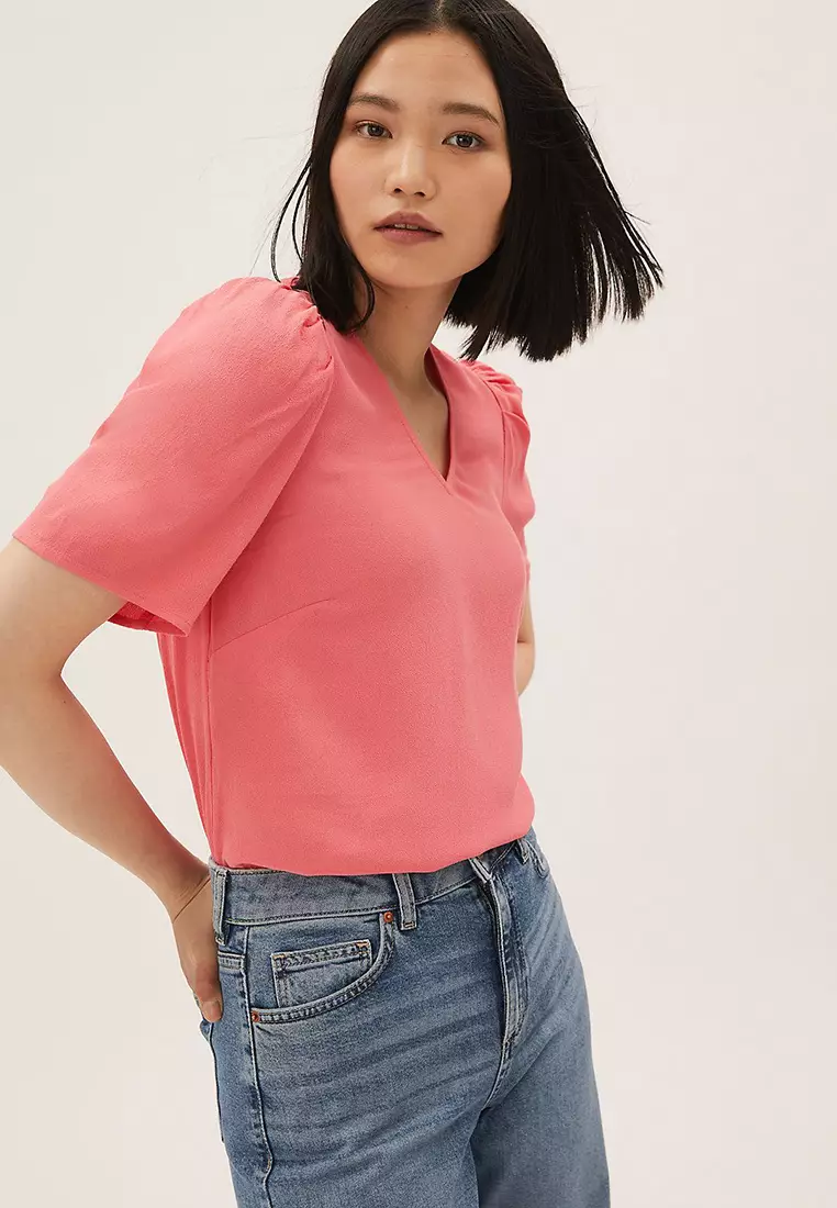 Plain V-Neck Puff Sleeve Top