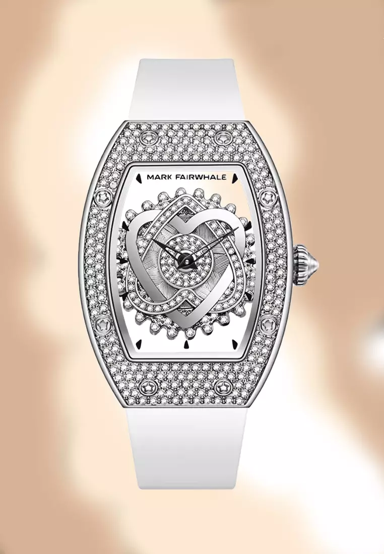 Ladies Barrel Shape Stainless Steel Quartz Watch, See through dial, White Rubber Strap