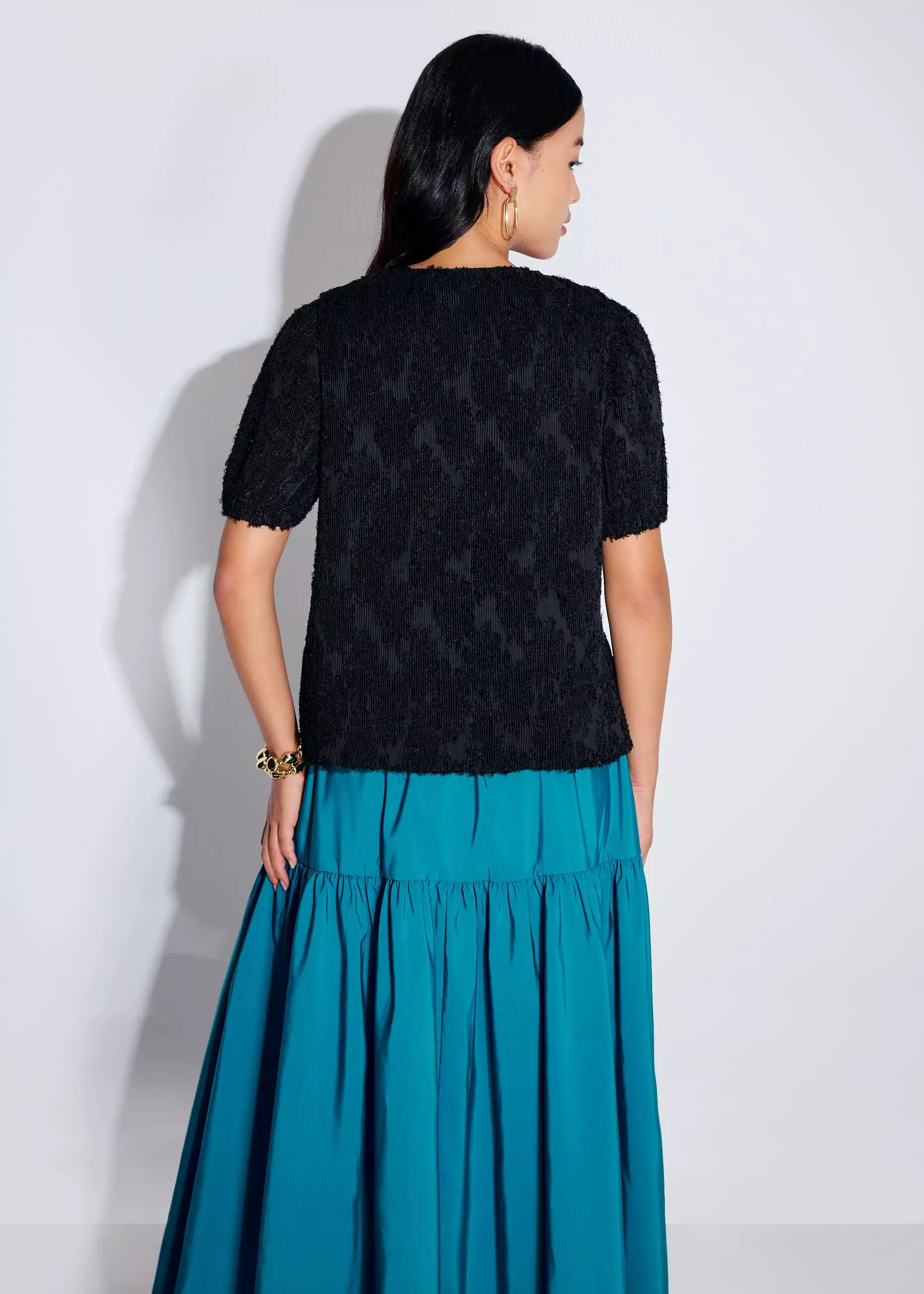 Atasan Wanita - Textured Plisse Front Tie Puff Sleeve Shell Top