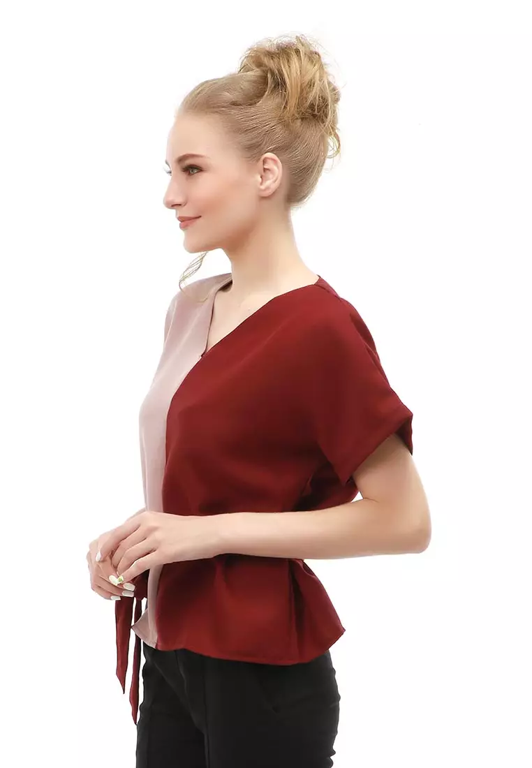 Cheva Blouse Atasan Wanita Kasual Tali Ikat Samping Kombinasi 2 Warna Material Moscrepe ORIGINAL